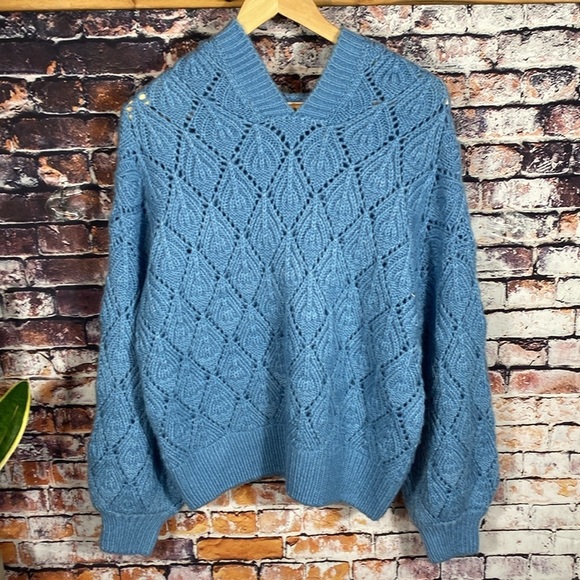 Baby Blue Cable Knit Coastal Hooded Balloon Sleeves Acrylic Sweater Hoodie L - Picture 1 of 14